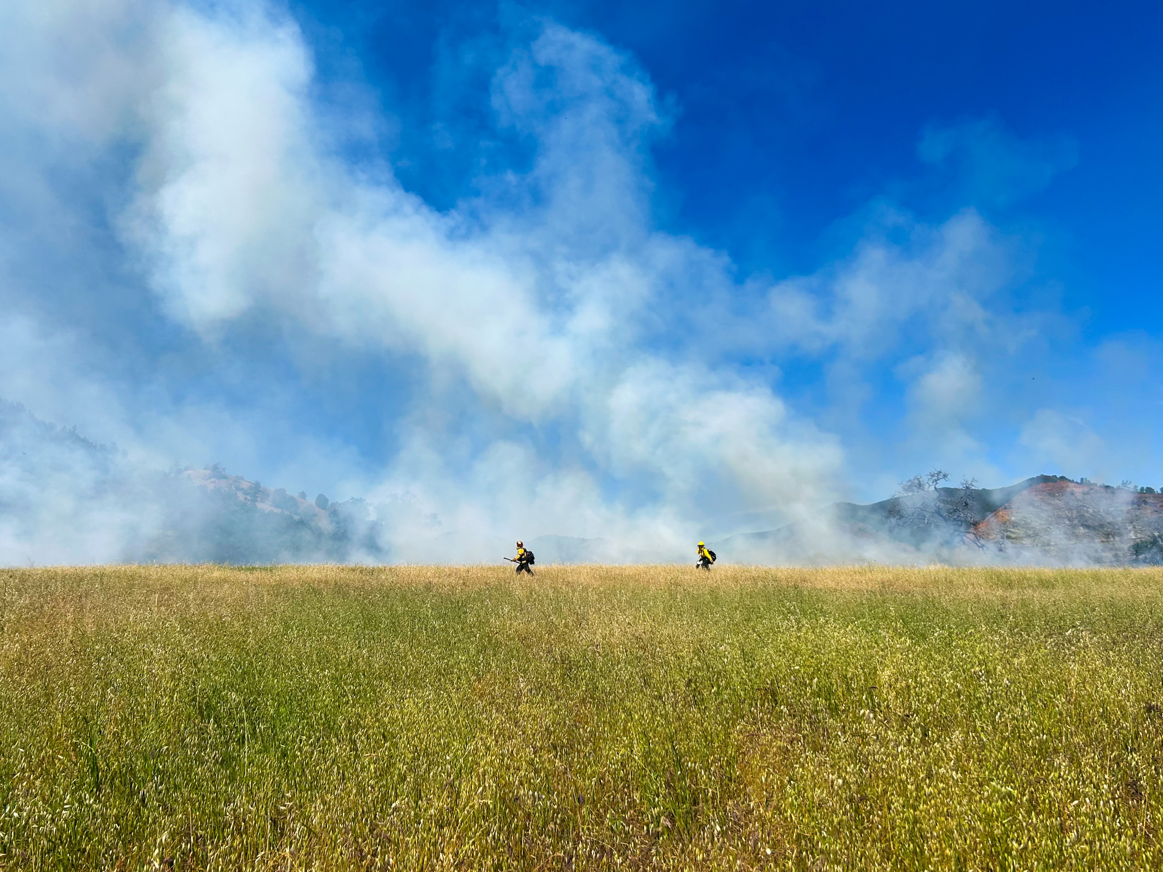 looking across grassy field at 2 firefighters and wispy white smoke 